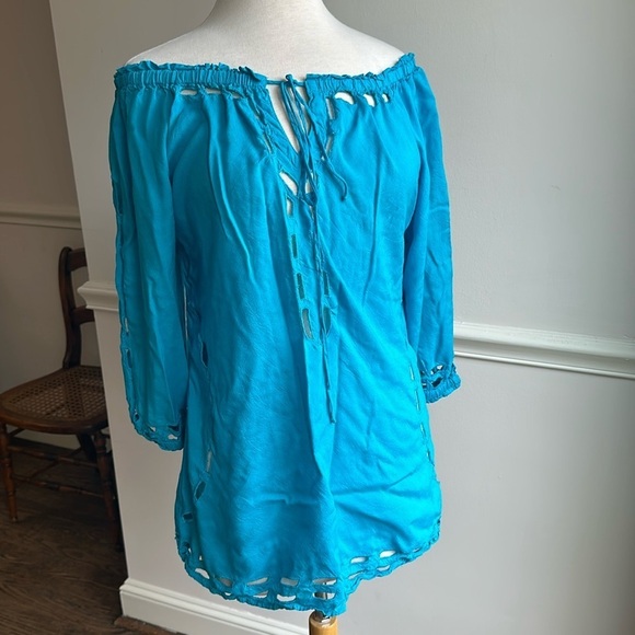 Gretchen Scott Long Tunic Top Blouse Turquoise Cutouts Tie Front Small EUC - Picture 1 of 6